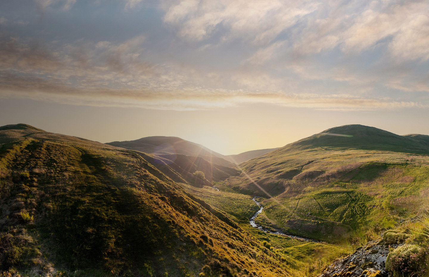 Highland Spring source of spring water: The Ochil Hills in Scotland.